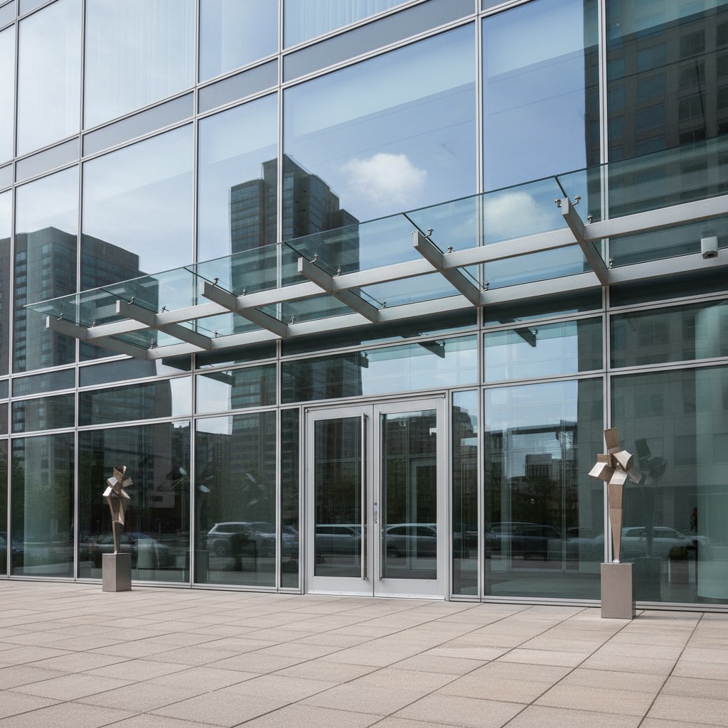 A modern office building exterior features floor-to-ceiling glass windows, double glass entrance doors, and two geometric metal sculptures flanking the entrance on a tiled plaza.