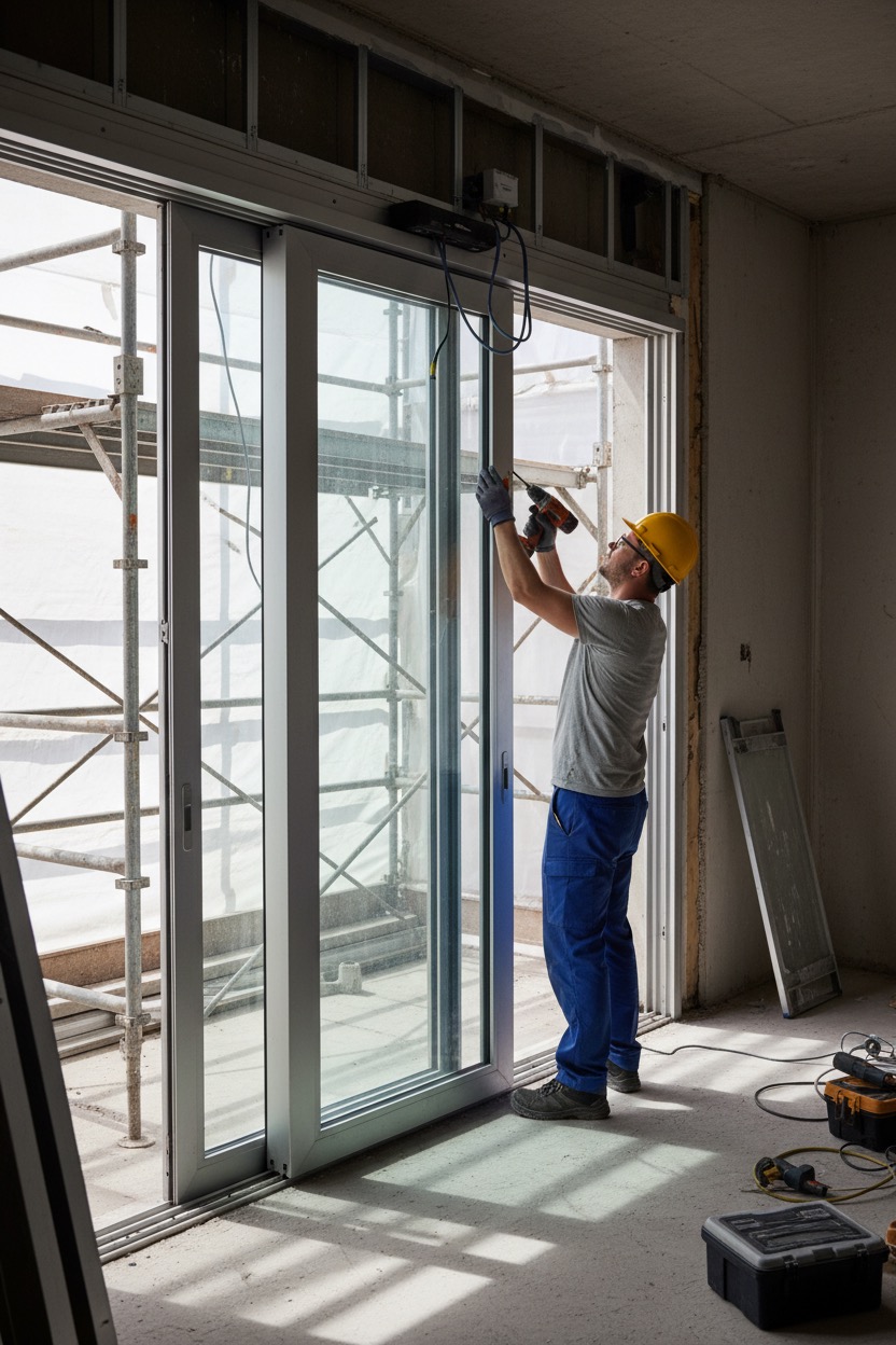A construction worker wearing a yellow hard hat uses a power drill to install a large sliding glass door.