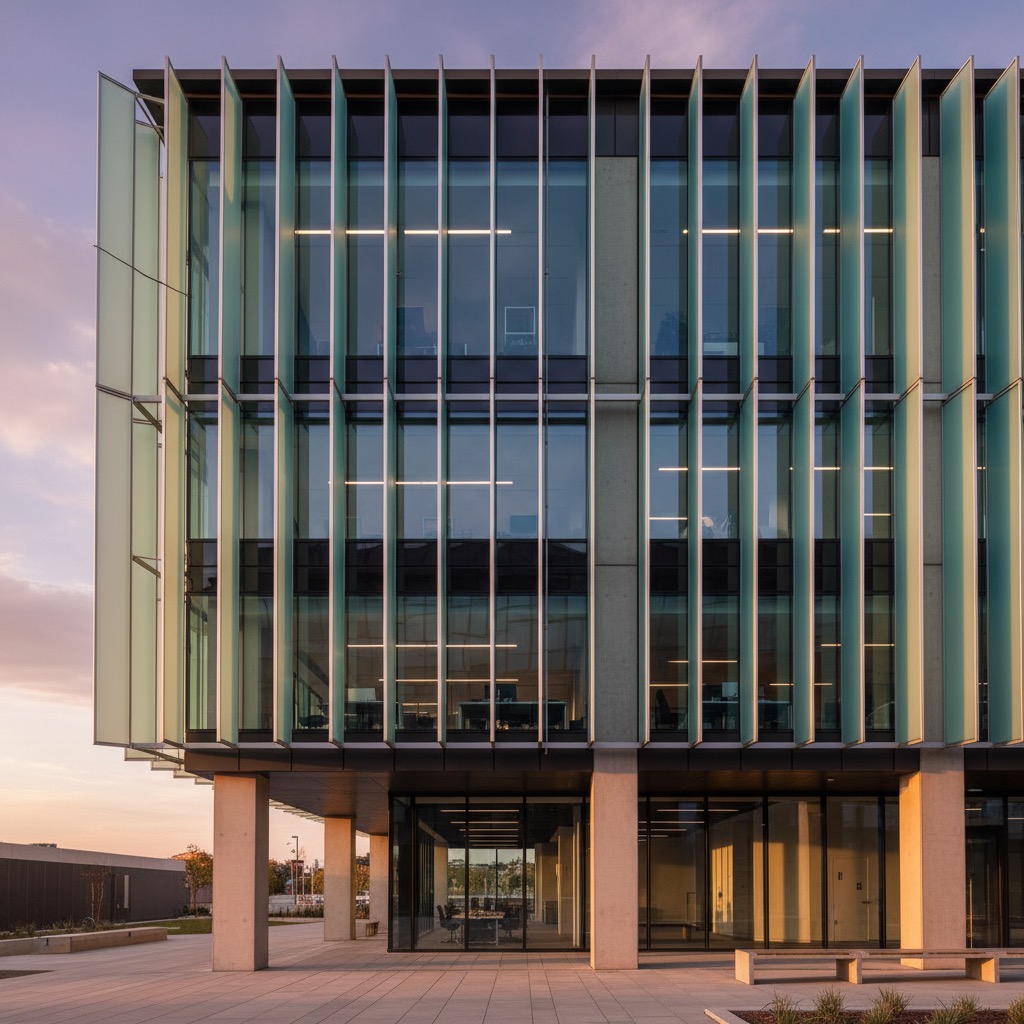 A modern office building exterior features floor-to-ceiling glass windows covered by vertical green sun-shading louvers.